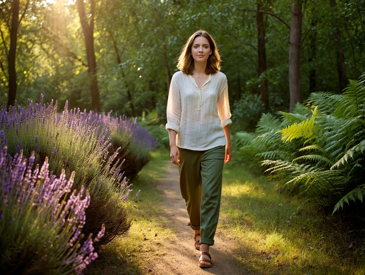 Person walking on a peaceful outdoor path surrounded by nature