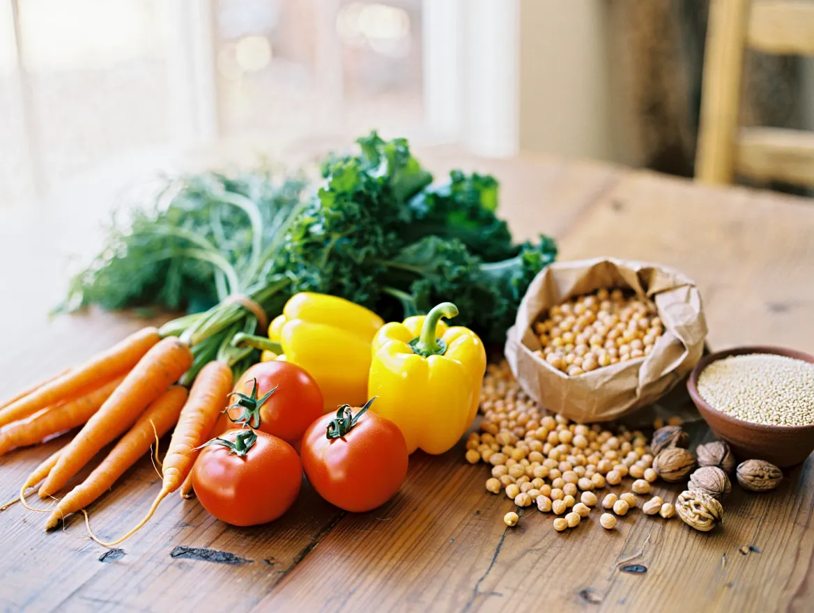 Fresh vegetables and whole foods arranged on a wooden table