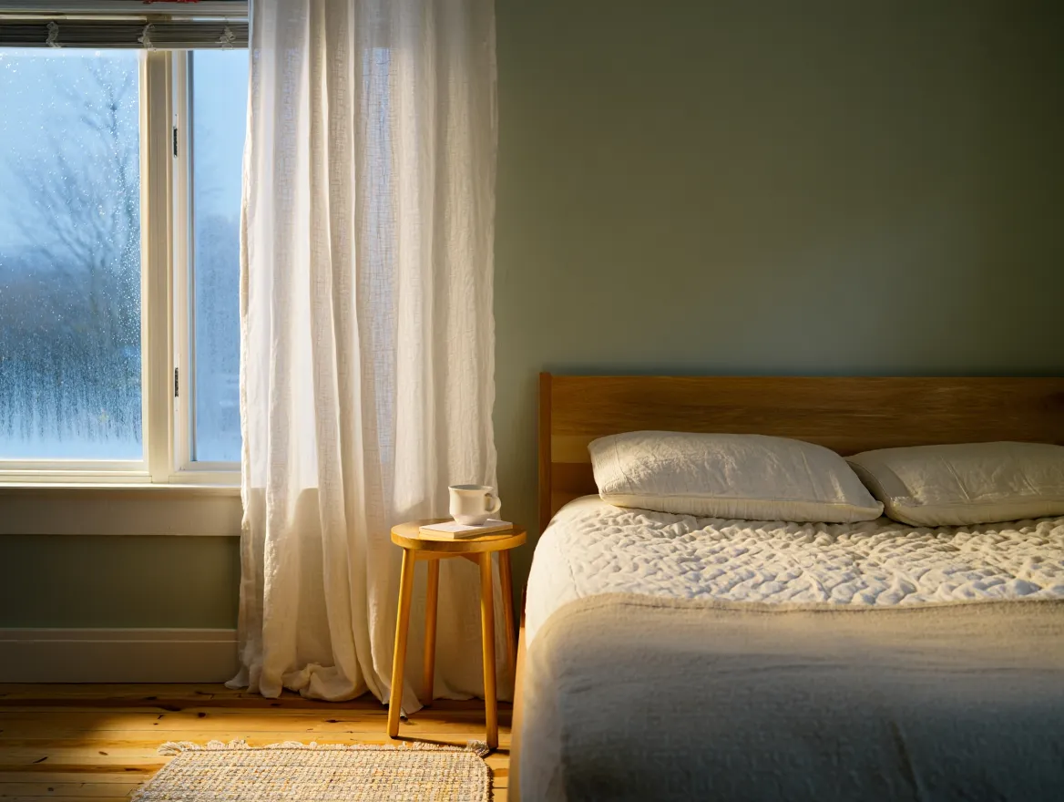 Calm and minimal bedroom setting with soft natural light